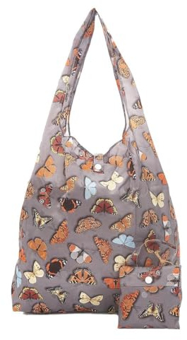 ECO CHIC Lightweight Foldable Reusable Shopping Bag Water Resistant Tote Bag (Wild Butterflies Grey)