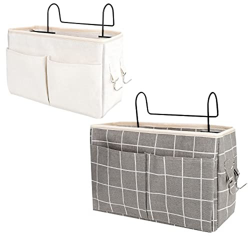 2 Stücke Betttasche Bett Organizer Hängetasche Aufbewahrungstasche, Hängende Multi-Pocket Mit Großer Kapazität Bedside Pocket für Buch, Snacks, Fernbedienung Usw (Weißes, Grau Gitter)