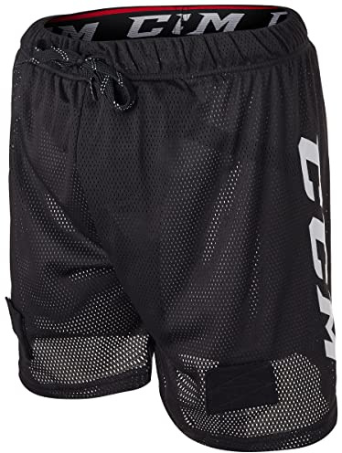 CCM Pantaloncini da hockey da ragazzo in rete con linguette per calzini, vestibilità larga, sport junior, nero, M