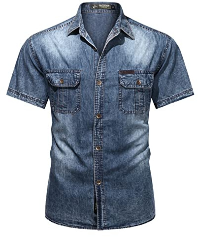 WINDEHAO Hombres Manga Corta Camisa Mezclilla Verano Casual Button Down Camisa Mediana Edad Camisa Joven (M,Azul)