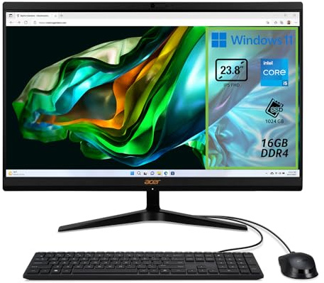 Acer Aspire C24-1800 Computer Fisso All in One, Pc Desktop, Processore Intel Core i5-12450H, Ram 16 GB DDR4, 1024 GB SSD, Display 23.8 IPS FHD LED LCD, Intel UHD, Wifi, Webcam, Windows 11 Home