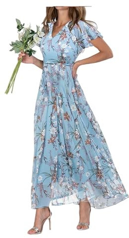 FZKun Women's Chiffon Floral Maxi Dress - Summer Elegant Boho Long Flowy Dresses Ruffle Sleeves V Neck Vacation Beach Outfit Wedding Guest Engagement Cocktail Party (XXL,Blue)