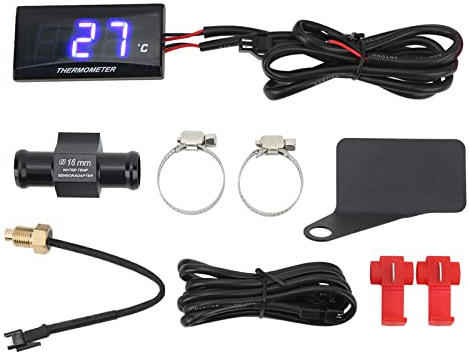 Compteur de Température D'eau de Moto, Thermomètre Numérique LCD DC12V, Ampèremètre, Voltmètre Avec Té de 16mm(Bleu)