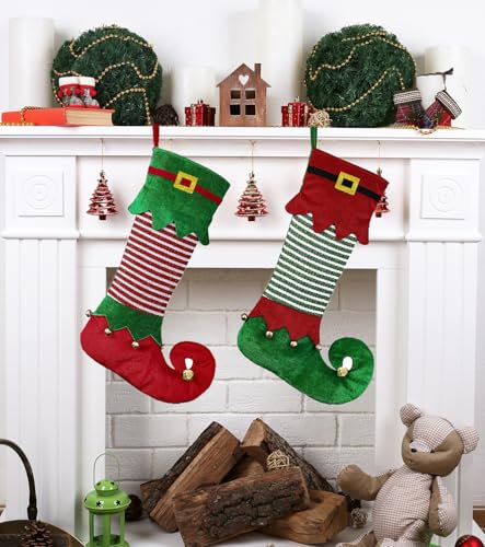 2 Stück Weihnachtsstrumpfe Elfen Groß, Nikolausstrumpf Personalisiert, Nikolausstiefel Aufhängen Weihnachtssocken Deko zum Befüllen, Christmas Stockings Dekoration für Kamin Weihnachtsbaum Wand Treppe