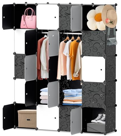 ISOISL Steckregal Kleiderschrank: 20 Würfel Regalsystem aus robustem Kunststoff in Schwarze geprägte und Schlichte weiße Türen Mit 2 Kleiderbügeln und 2 Haken.