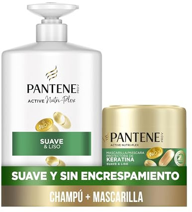 Pantene Pro-V Suave Y Liso Champú 1000ml Dispensador, Y Mascarilla Protectora De Keratina 500ml, Pelo Encrespado Y Apagado