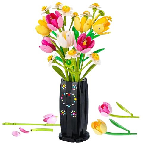 KBIBCK Kit de Construction de Bouquet de Fleur avec Vase, 1250 Pcs Tulipe Bouquet de Fleur Plantes Construction, Kit de Construction de Fleurs Artificielles, Fête des Mères pour Femmes Amis Enfants