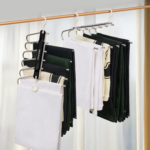 KIMIGO Grucce Pantaloni Salvaspazio, Set di 2 Appendini 6 in 1, Porta Pantaloni, Jeans, Sciarpe, Asciugamani, Organizer per Armadio (Nero)