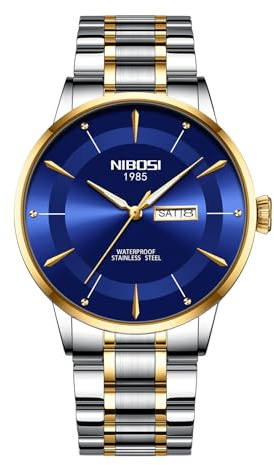 NIBOSI Montre bracelet cadran bleu avec date, boîtier bicolore or et argent, imperméable, en acier inoxydable, cadeau, sportif, décontracté, raffiné, élégant, classique, à la mode, de luxe, Bleu