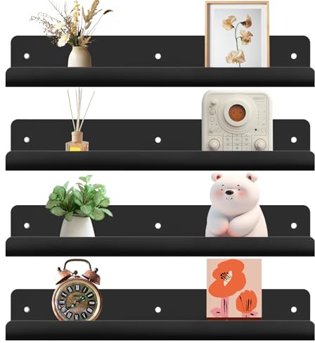 Gucass Lot de 4 Étagères Murales en Acrylique, Noir Etagere Murale sans Percage, Étagère Flottante en 30 cm avec Vis, pour Salle de Bain, Salon et Chambre à Coucher, Bibliothèque, Décoration