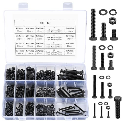 520 PcsTornillos M3 M4 M5 M6, Juego de Tornillos Hexagonales y Tuercas y Arandelas, Tornillos Tornilleria de Máquinas Hexágono con Arandelas para Reparación de Bicicletas Automóviles(Negros)