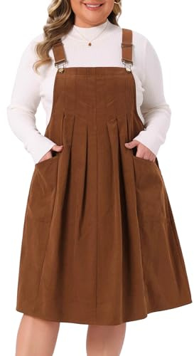 Agnes Orinda Plus Size Corduroy Pinafore Dress for Women Pleated Adjustable Strap Suspender Skirt Overall Dress 4X Brown