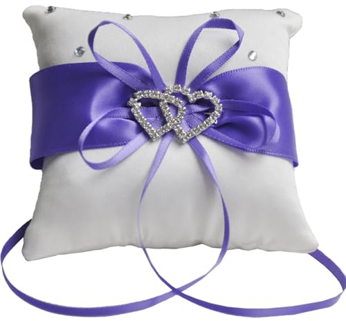 Qanye 1 pcs Cojín Anillos Boda, 20x20 cm Doble Corazón Porta Alianzas, con Lazo, Soporte Portador de Anillos Romántico para Ceremonia, Accesorio Decoración Bodas Elegante (Morado)