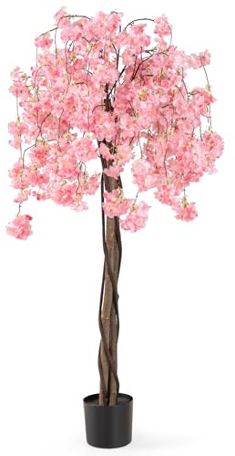 COSTWAY Albero di Ciliegio Artificiale 163 CM, Pianta Finta da Interno con Vaso in PP Riempito con Cemento, Fiori in Tessuto, Decorazione per Ufficio, Casa e Veranda (Rosa)