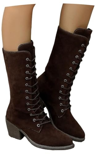LDXEQIZ Botas con Cordones for Mujer Botas De Media Caña Talla Grande Botines De Punta Puntiaguda Y Tacón Cuadrado Botines Impermeables De Ante Zapatos Retro for Exteriores(Brown,40 EU)