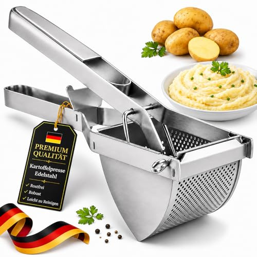 Hohe Qualität Kartoffelpresse Edelstahl Testsieger - Ergonomischer Komfortgriff, Extra Großes Fassungsvermögen, Spülmaschinenfest, für Kartoffelpüree, Obstsäfte, Gemüsebrei, Püree