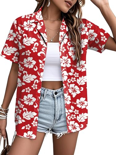 VVNTY Hawaii-skjorta damer blommig button down blus skjorta kvinnor sommar strand fest kortärmad Hawaii-skjorta