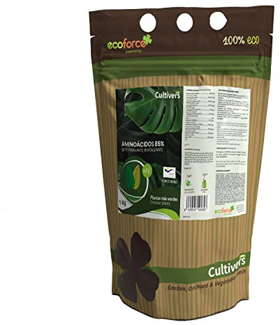 CULTIVERS Abono con Aminoácidos 85% + Hierro 1 kg. Fertilizante de Alta concentración Ecológico. Plantas más vigorosas y Negras (exentas de carencias nutricionales). Bioestimulante para plantas