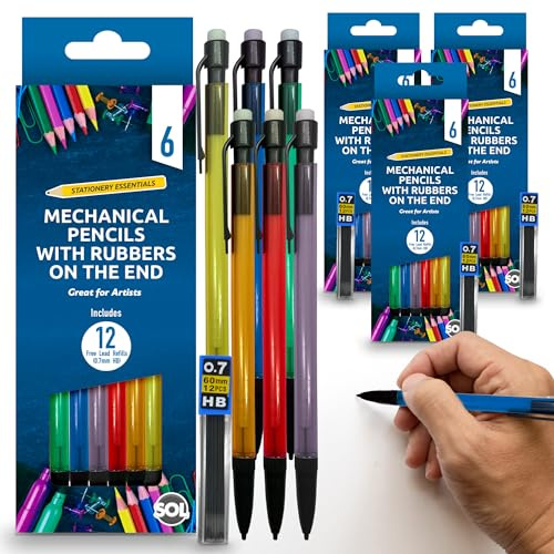 SOL 24pk Mechanical Pencils with Built-In Eraser - 0.7mm HB Lead Propelling Pencils, Includes 24 Refill Leads for Extended Writing, Durable and Comfortable, Ideal for Precise Writing and Drawing