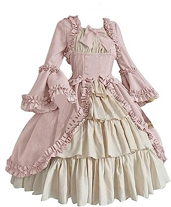 Abito da sera vintage medievale swing da donna a maniche lunghe abito Lolita elegante gotico cocktail gonna in pizzo con corsetto rinascimentale costumi Victorain Cosplay abiti, rosa, XL
