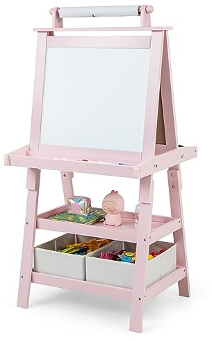 Maxmass 3 in 1 Kids Art Easel, Double-Sided Whiteboard & Chalkboard with Paper Roll, Art Drawing Board Stand for Nursery and Baby Toddler Junior Bedrooms (Pink)