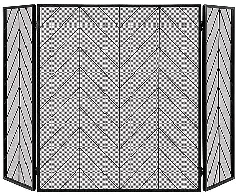 TANGZON 3 Panel Folding Fireplace Screen, Wrought Metal Mesh Spark Flame Guard with Decorative Pattern, Indoor Outdoor Heavy-Duty Safety Fire Guard Fireplace Fence for Coal Firing Stove Grill (Black)