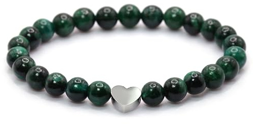 Bracelet en émeraude véritable pierre précieuse avec perles rondes de 6mm et cœur en acier inoxydable - différentes longueurs - bracelet en pierres précieuses porte-bonheur talisman cadeau