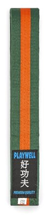 Playwell Cinturón de algodón para artes marciales con rayas de varios colores, cinturón de graduación (karate, judo taekwondo), Cinturón verde con rayas naranjas, 300cm