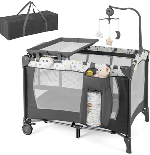 COSTWAY Cuna de Viaje y Parque Infantil, Cuna Bebe 3 en 1 para con Cambiador Desmontable, Colchón, Juguetes Colgantes, Caja Musical y Bolsa, Ruedas Bloqueables y Bolsa de Transporte (Beige)