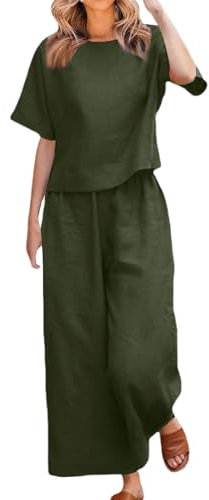 HOOUDO Two Piece Women Outfits Uk Clearance Travel Airport Lounge Wear Set Ladies Summer Linen Sets Short Sleeve Round-Neck Tops & Loose Wide Leg Pants Co Ord Set Day Prime Deals Today 2025 Clearance