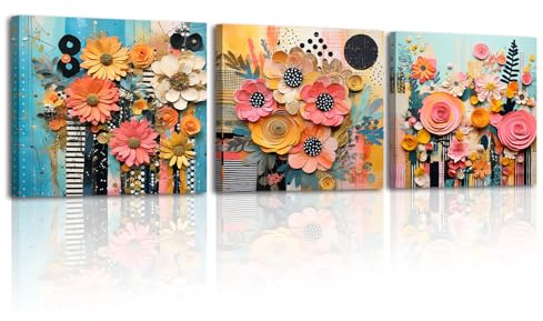 PIY PAINTING Set 3 Quadro Moderno Soggiorno Artistico Floreale Colorato Immagini Pittura Moderni Decorazione Canvas Quadretti Da Parete Stampe Su Tela Camera Da Letto Con Cornice Cucina 30×30cm