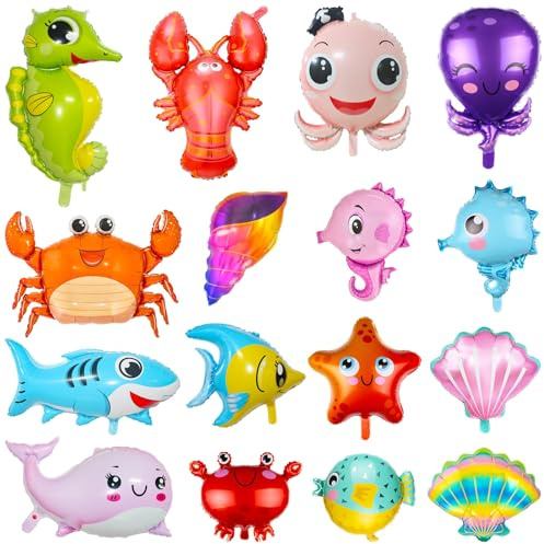 OSDUE Folieballong havsdjur, 16 stycken ballonger djur, djurhuvud jätteballong, krabba, sjöstjärna, sjöhäst, delfin, hummer, snäckskal, haj, bläckfisk