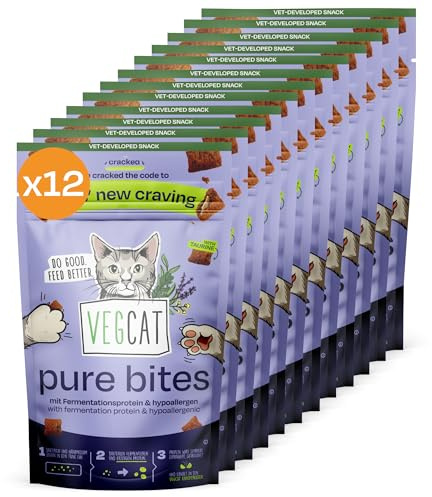 VEGCAT Pure Bites allergivänligt mellanmål för katter (12 x 60 g) | köttfri proteinrik krispkudde | med 20 % innovativt fermenteringsprotein och taurin