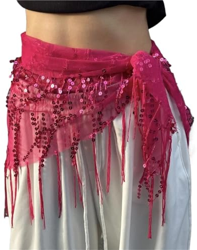MWAHJU Pañuelo de cadera for danza del jazz, pañuelo triangular con lentejuelas, borlas for vientre Para Mujer(Rose red)