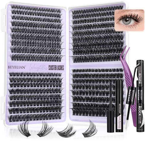 BEYELIAN Cluster Lashes Kit 608Pcs Lash Clusters with Glue and Remover and Lash Tweezer, Volume Clusters Lashes Book Kit D Curl Eyelash Extensions for DIY at Home 8-16mm (60D+80D+100D+120D)