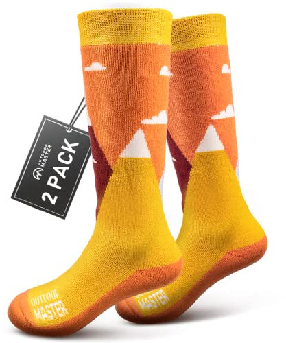 OutdoorMaster 2 Paar Merinowolle Unisex skisocken kinder, Winter Snowboarding Atmungsaktive Thermische Socken für Mädchen/Jungen für Outdoor-Sportarten mit Über die Wade Design/Anti-Rutsch-Bündchen