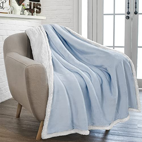 PAVILIA Sherpa Fleece Throw Blanket for Couch, Twin Size, Light Blue, Plush Soft Fuzzy Sofa Blanket, Cozy Reversible Winter Throw for Women Men, 60x80 Inches