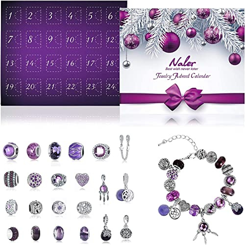 Naler Adventskalender smycken 2026 för kvinnor och flickor, 24 delar | 22 berlocker, 1 armband och 1 halsband i violett. Gör-det-själv-modesmycke att kombinera för adventstid.