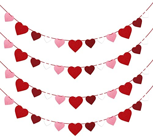 4Pcs Valentines Felt Heart Garland Banner- NO DIY- Valentines Decorations- Valentine Party Decorations Supplies- Valentines Burgundy Pink Red White Heart Garlands for Home Fireplace Mantle