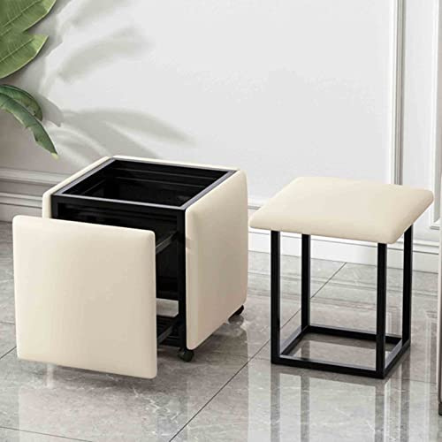 Taburete otomano anidado 5 en 1, silla apilable, sofá para el hogar, taburete de cubo mágico para comedor con asiento de cuero de napa, marco y ruedas de acero al carbono (Tamaño: 35x35x35 cm, Color: