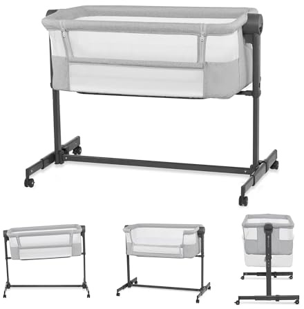 Kinderkraft Neste UP 2 Bedside Crib, Travel Cot, Co-Sleeping Bed, Ajustable Height, Foldable Side Wall, Transport Wheels, with Accessories, Cotton Sheet, for Newborn, 0-9 kg, up to 6 Month, Gray