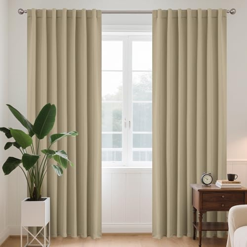 Joydeco Cortinas Opacas Modernas 2 Piezas 140x245cm, Juego de Cortinas Termicas Aislantes Frio y Calor Paras Dos Puertas Ventanas de Balcón, 85% Blackout Curtains con Trabillas Ocultas - Beige Claro