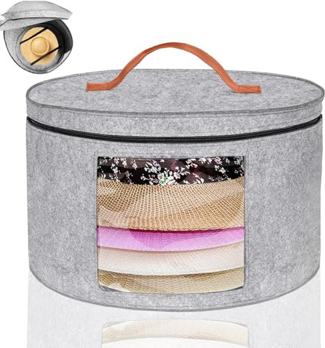 Rierousy Boite Chapeau Gris Rond - Boîte de Chapeaux Pliables Tissu Avec Paupière et Fermeture Éclair, Poignée en Cuir, Fenêtre Transparente, Boîte pour Chapeaux- 42 x 25 cm (Gris clair)