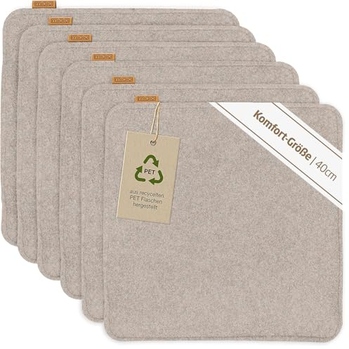 Miqio Design Filz Sitzkissen XL eckig mit Antirutschnoppen | 40cm | 6er-Set | Indoor und Outdoor | Nachhaltig aus recycelten PET Flaschen | Waschbare Stuhlkissen rutschfest | Beige