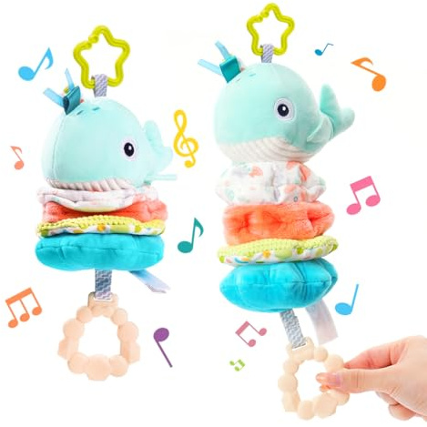 Jollybaby Baby Musical Pull String Hanging Toy for Stroller Car Seat Crib Play Gym, Plush Stuffed Whale Toy for Carseat with Music Teether Crinkle Paper, Sensory Toy for 0-6-12-18 Months Baby Gift