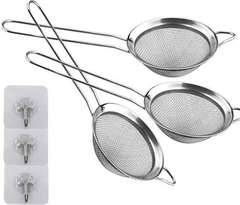 Juego de 3 coladores de malla fina de 8 cm, de acero inoxidable, colador de cocina, pequeño colador de té, perfecto para tamizar, colar, escurrir, excelente para tamizar ingredientes secos, harina,
