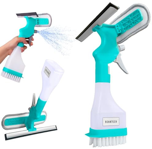 rekatech – Fensterabzieher & Sprühwischer 4 in 1, 250ml Sprühflasche, kratzfreier Microfaser Wischmop, Fensterputzer, Putzbürste – für Fenster, Dusche, Bad, Küche, Auto, Fliesen, Spiegel & Haushalt.