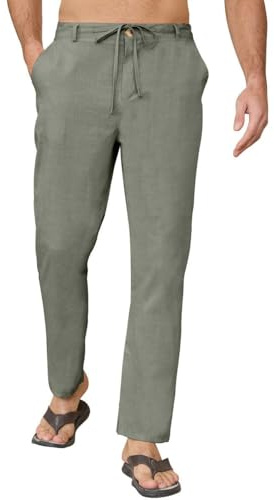 Yutdeng Pantaloni di Lino da Uomo Pantaloni di Cotone con Tasche Estivi Pantaloni Leggeri con Coulisse Pantaloni Casual Larghi da Spiaggia Pantaloni a Gamba Dritta Pantalone da Yoga,Grigio,S