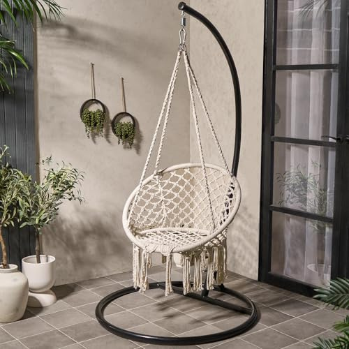 OHS Macrame Knotted Egg Chair, Swing Chair with Stand for Bedroom Patio Balcony Garden Furniture Hanging Chair Comfy Relaxing Garden Swing Chairs Outdoor Indoor Use, Cream