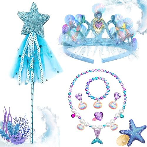 ysister Jewelry Set Girl 5 set sjöjungfru kostym flicka flickor innehåller halsband, ringar, armband, örhängen, karnevalssmycken, födelsedagsfest för barn, 15*10, Polyester, Amazonit